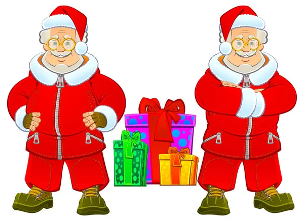 Санта Клаусы Современной Модной Спортивной Одежде Подарками — стоковый вектор