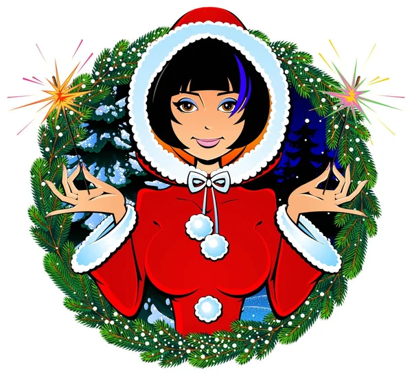 Сексуальная Рождественская Девочка Санта Клаус Бенгальскими Огнями Фейерверками Круглом Каркасе — стоковый вектор