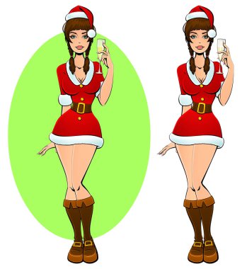 Seksi Noel kız Noel Baba ile bir kadeh şampanya ile. Çizgi film karakteri.