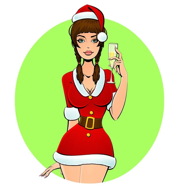 Sexy Weihnachtsmädchen Mit Weihnachtsmann Bei Einem Glas Champagner Avatar Symbol — Stockvektor
