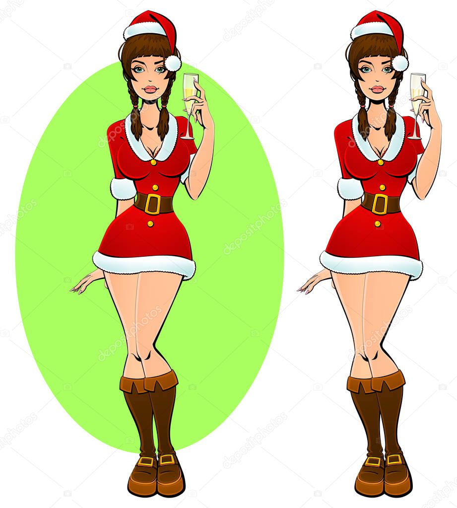Sexy Christmas girl with Santa Claus with a glass of champagne. Cartoon character.