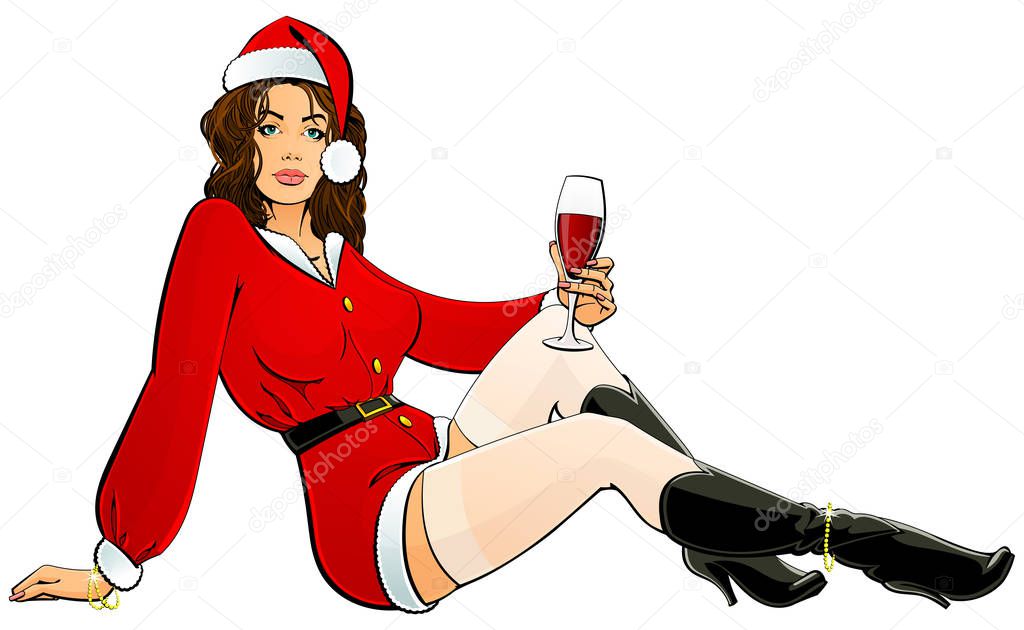 Christmas girl with Santa Claus. A woman is sitting in a sexy pose with a glass of red wine. For adults.