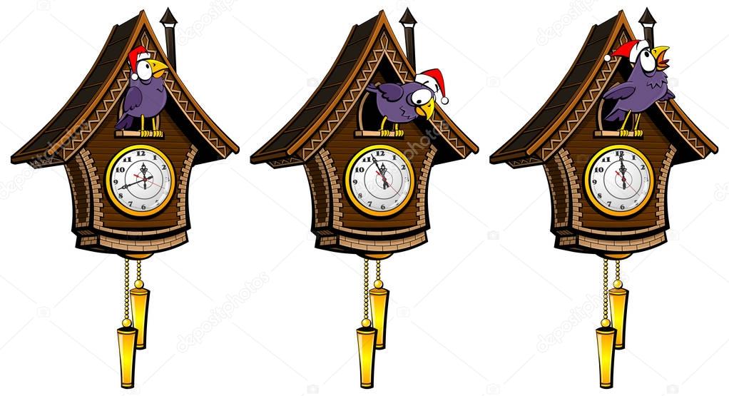 New Year's clock with a cuckoo. Vector.