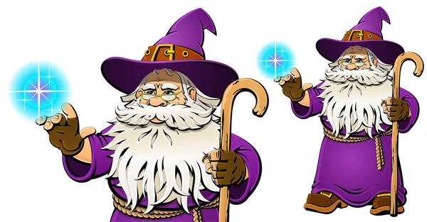 Wizard met een magische bal. Een realistische stripfiguur. Vector. — Stockvector