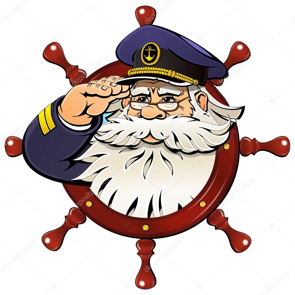 Very old sailor gives a military greeting. Emblem, logo, icon.