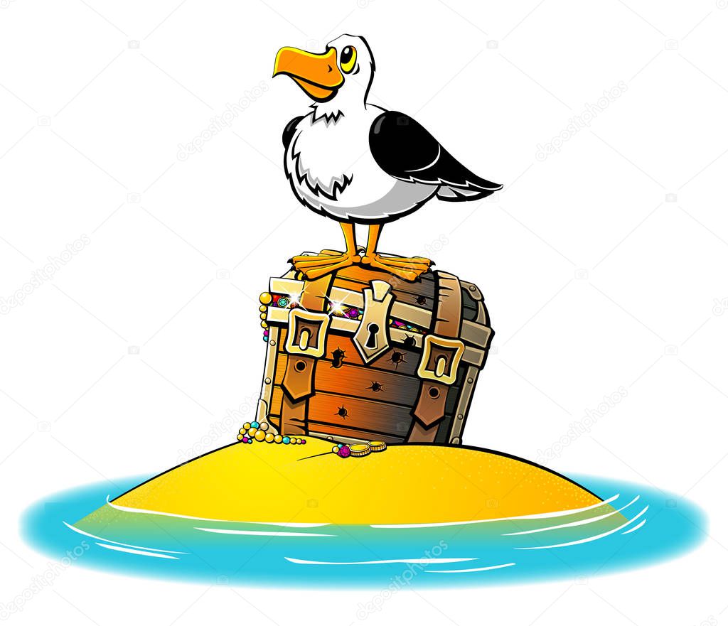 Tny island in the ocean. The Albatross sits on a trunk of pirate treasures.