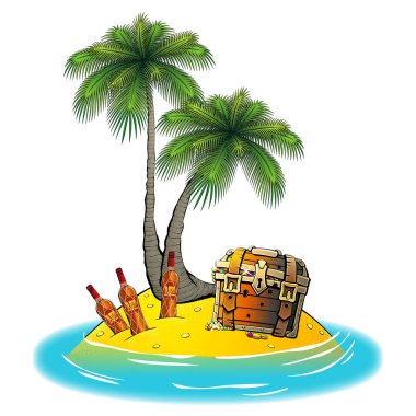 Issız ada okyanusa. Bir korsan hazine sandığı, ROM ve palmiye ağaçları ile.
