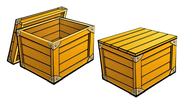 Caja Madera Dibujos Animados Abierto Cerrado — Archivo Imágenes Vectoriales