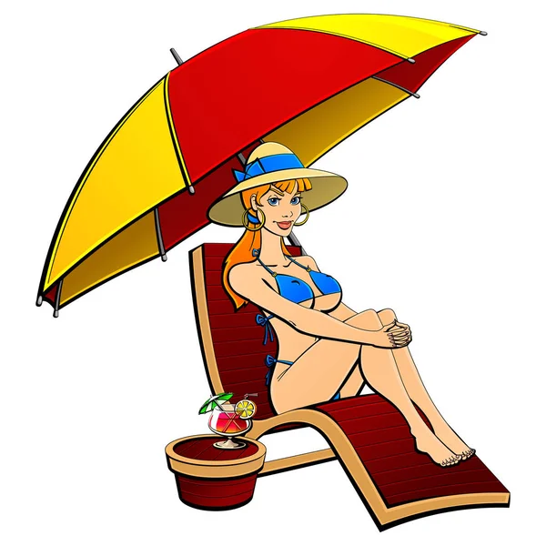 Sexy Girl Maillot Bain Bleu Bronzage Sous Parasol Dans Transat — Image vectorielle