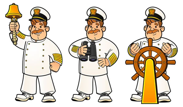 Cartoon Sailors Set Images Captain Beats Ship Bell Holds Binoculars — Stock Vector