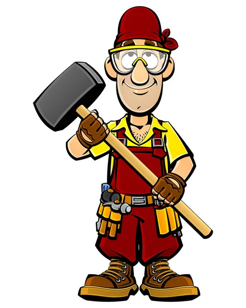 Builder Egy Kalapáccsal Kezében Rajzfilmfigura — Stock Vector