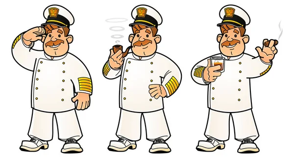 Cartoon Sailors Set Images Captain Gives Military Greeting Smokes Pipe — Stock Vector