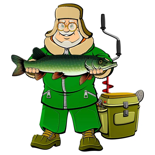 Old Fisherman Caught Large Pike Winter Ice Fishing — Stock Vector