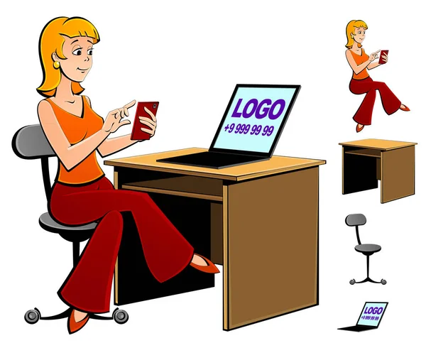 Bir Kadın Ofis Masasında Bir Sandalyeye Oturur Dizüstü Bilgisayarda Reklamlar — Stok Vektör