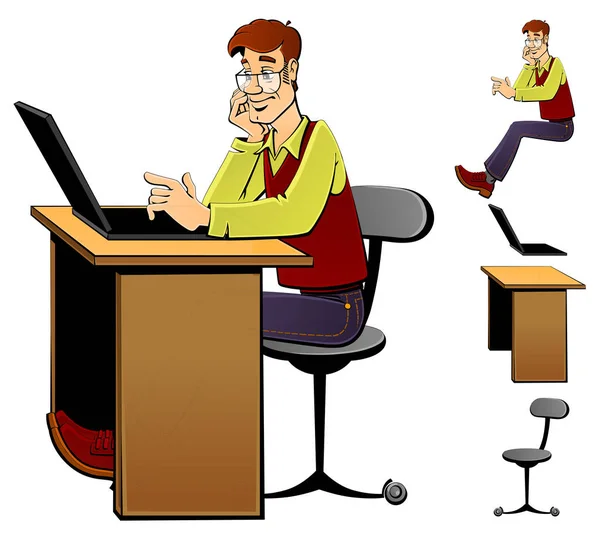 办公室里的一个人坐在桌子旁 在电脑上工作 卡通风格 轮廓笔触 一套图像 笔记本电脑 — 图库矢量图片