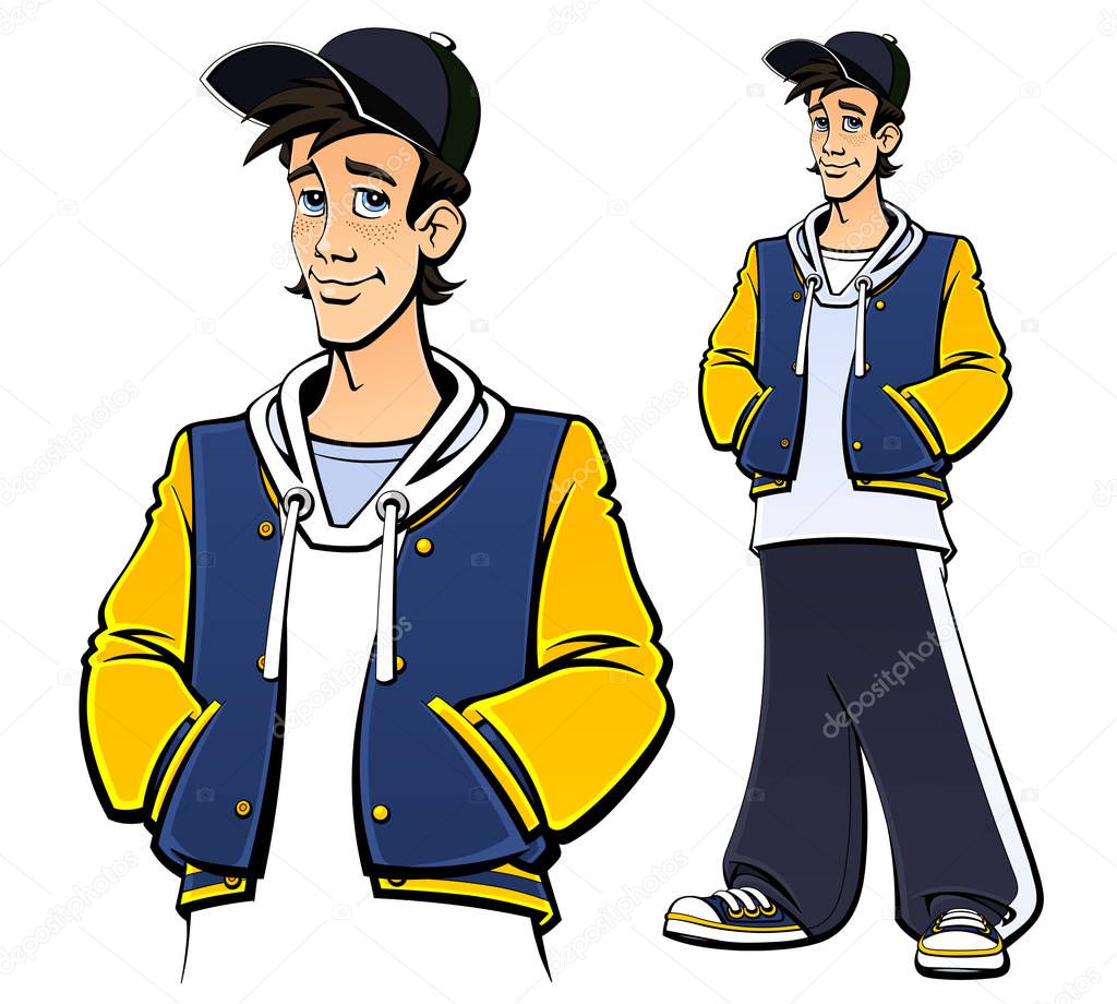 Teenager in a university jacket, hoodie, sweatpants, sneakers and a baseball cap. Full length, hands in pockets. Comic book style.