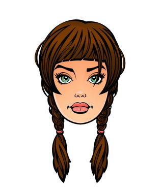 At kuyruklu genç bir kadının yüzü. Çizgi roman tarzı.