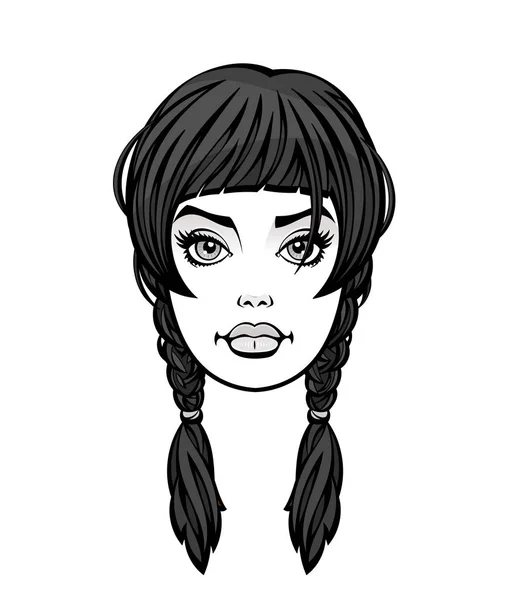Kuyruklu Genç Bir Kadının Yüzü Siyah Gri Beyaz Renkler Çizgi Vektör Grafikler