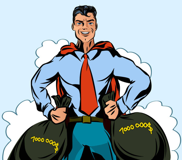 Superhero businessman with bags of money