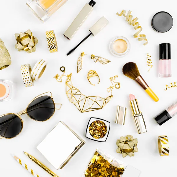 makeup cosmetics kit and sunglasses