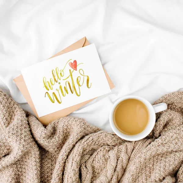Hello winter card and coffee — Stock Photo, Image