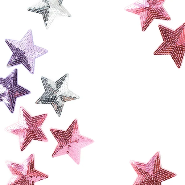 Silver Pink Stars Made Spangles Christmas Pattern White Background — Stock Photo, Image