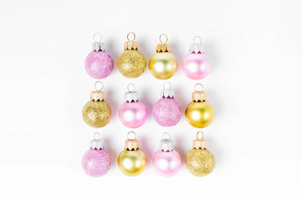 Pink Golden Christmas Balls White Background — Stock Photo, Image