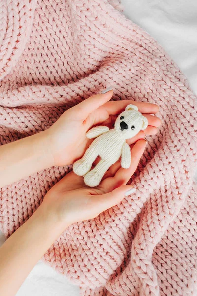 Female Hands Holding Adorable White Toy Bear Knitted Pink Scarf — Stock Photo, Image