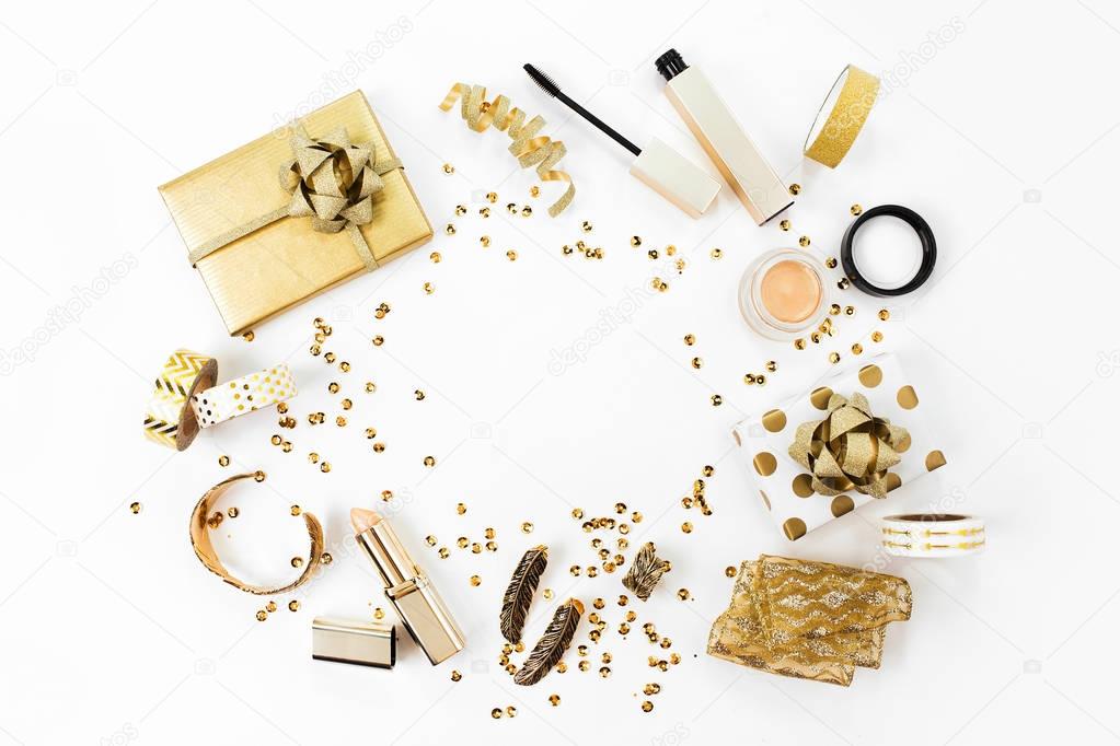 accessories for makeup and decorations in golden colors 