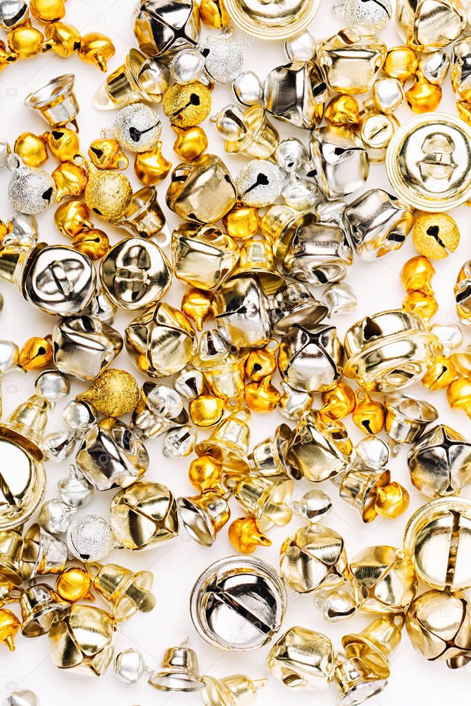 Golden and silver Jingle bells, Christmas background 