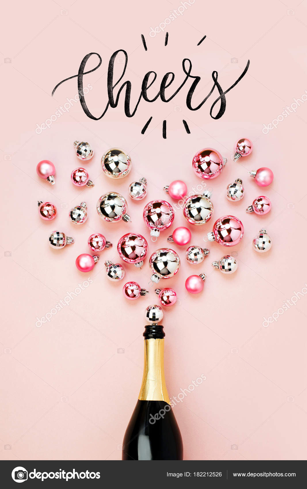 Vista Superior Garrafa Champanhe Bolas Natal Rosa Prata Com Letras — Foto ©  Igishevamaria #182212526, image size:1067x1700
