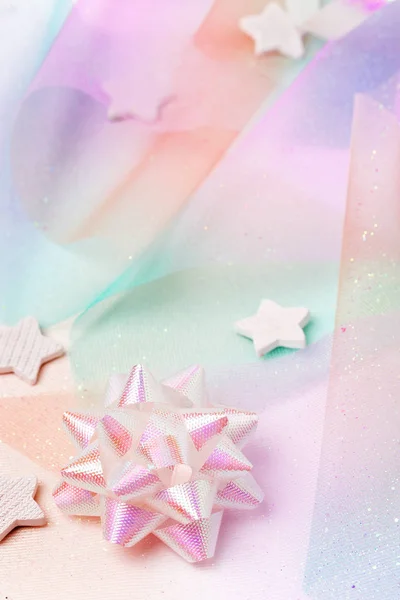 Fundo Festivo Cores Pastel Arco Íris Com Fita Estrelas — Fotografia de Stock