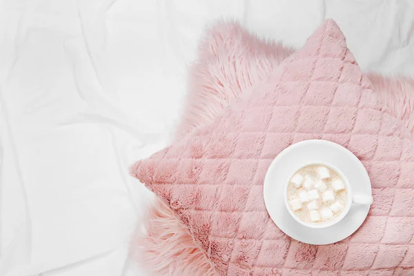 Top View Cup Coffee Marshmallows Pink Pillows — Stock Photo, Image
