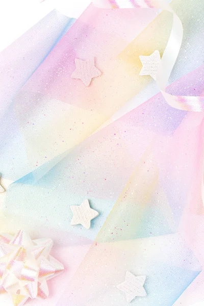 Εορταστική Φόντο Παστέλ Χρώματα Του Ουράνιου Τόξου Κορδέλα Και Αστέρια — Φωτογραφία Αρχείου