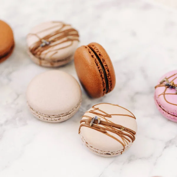 Closeup Different Macaroons Marble Table — Stock Photo, Image