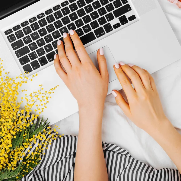 Genç kadın serbest meslek dizüstü yataklar, düz yatıyordu, en iyi görünümü ile çalışma