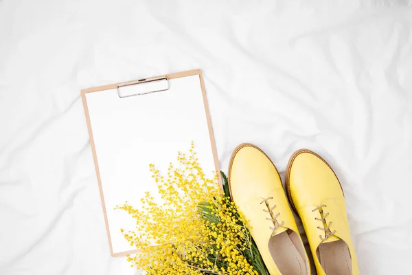 黄色含羞草花和鞋子在白色背景与拷贝空间 — 图库照片