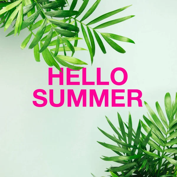 Ροζ Hello Καλοκαίρι Επιγραφή Και Τροπικά Φύλλα Ωχρό Πράσινο Φόντο — Φωτογραφία Αρχείου