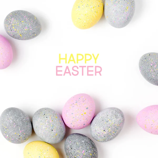 Stylish Frame Pale Pink Blue Gray Easter Eggs Copy Space — Stock Photo, Image