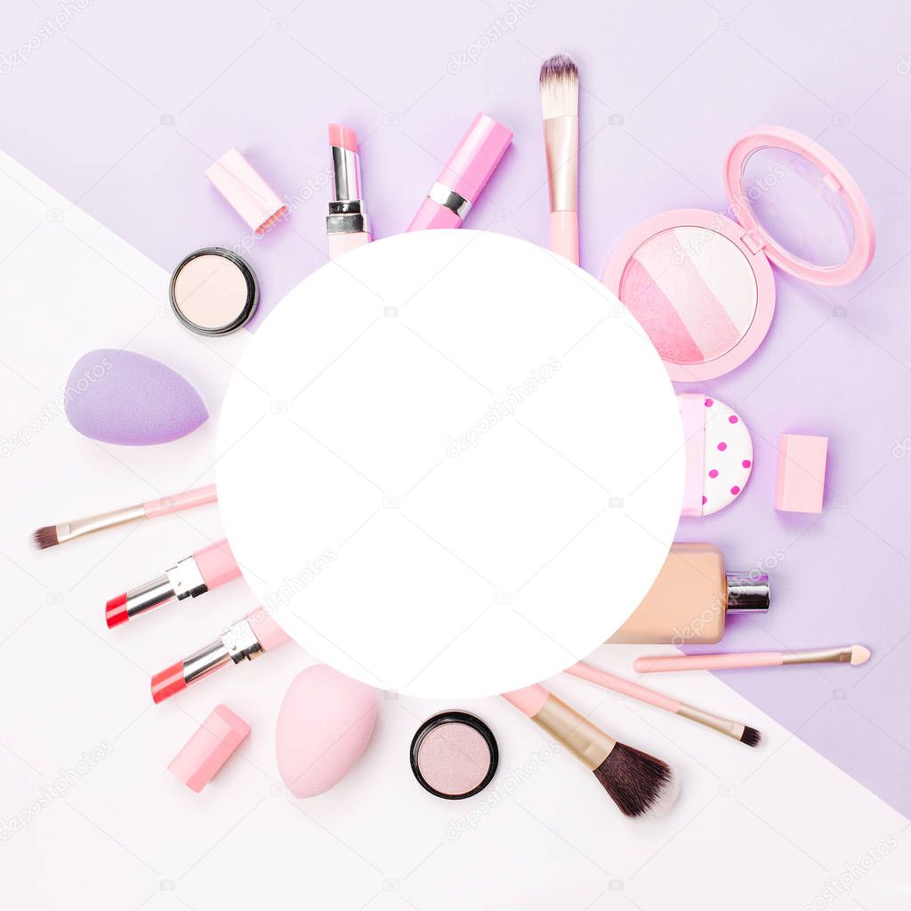 Frame made of female accessory and cosmetic products. Flat lay