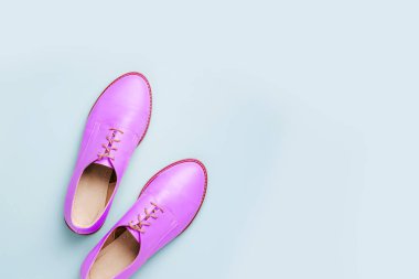 Şık pembe ayakkabı soluk mavi arka plan, düz üzerinde yatıyordu