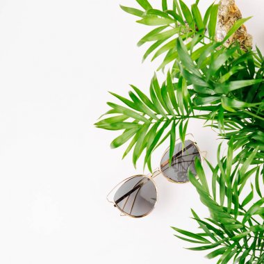 Tropikal yaprak ve kopya alanı ile beyaz arka plan üzerinde güneş gözlüğü. Üstten Görünüm, düz yatıyordu.