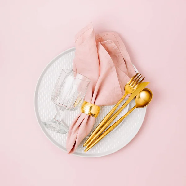 Festive Table Setting Plates Cutlery Pink Napkin White Background Beautiful — Stock Photo, Image