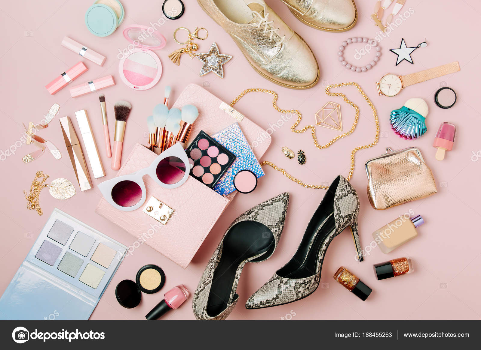 Flat Lay Female Fashion Accessories Makeup Products Handbag Pastel Color Stock Photo C Igishevamaria