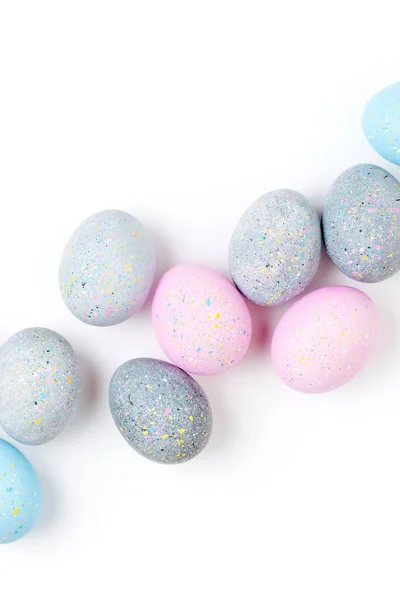 Fondo Con Huevos Pascua Color Rosa Pálido Azul Amarillo Gris — Foto de Stock