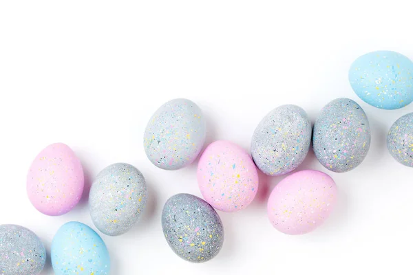 Fondo Con Huevos Pascua Color Rosa Pálido Azul Amarillo Gris — Foto de Stock