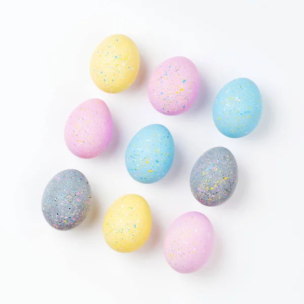 Elegante Conjunto Huevos Pascua Color Rosa Pálido Azul Amarillo Gris — Foto de Stock