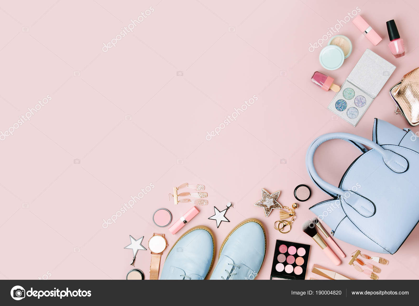 Fashion. Woman Pink Accessories Set. Flat lay. Trendy Rose Gold