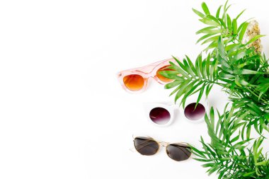 Tropikal yaprak ve beyaz arka plan üzerinde izole güneş gözlüğü farklı türleri