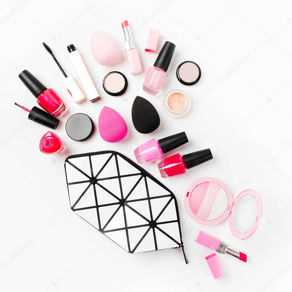 Cosmetic bag with beauty accessories and makeup products